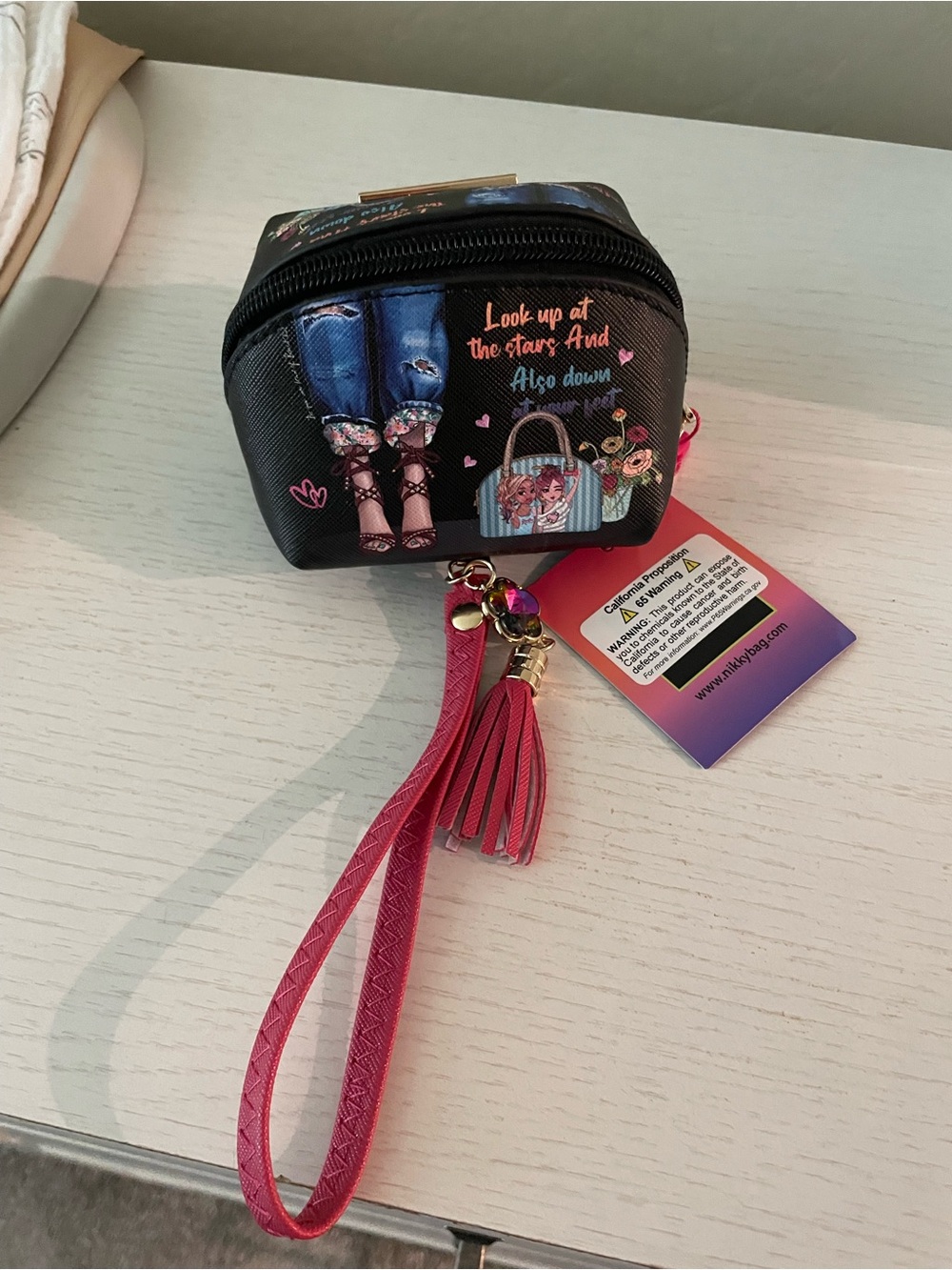 Pink Tassel Wristlet Clutch - Cute Printed Mini Bag